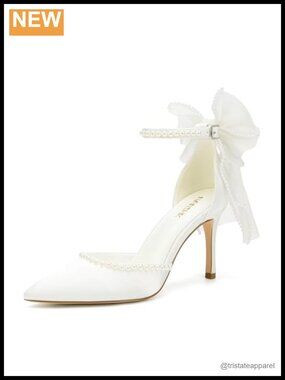 New Wedding Shoes for Bride Pointed Toe Satin Pearl Bow Heels